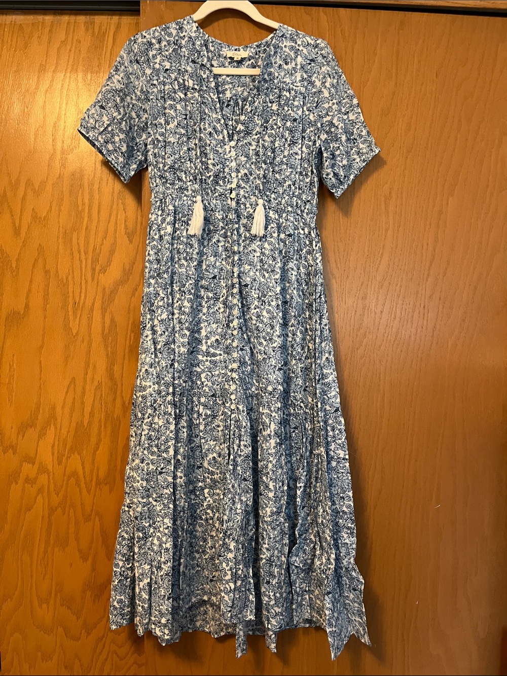 Blue Floral Tiered Midi Dress with Tassel Tie